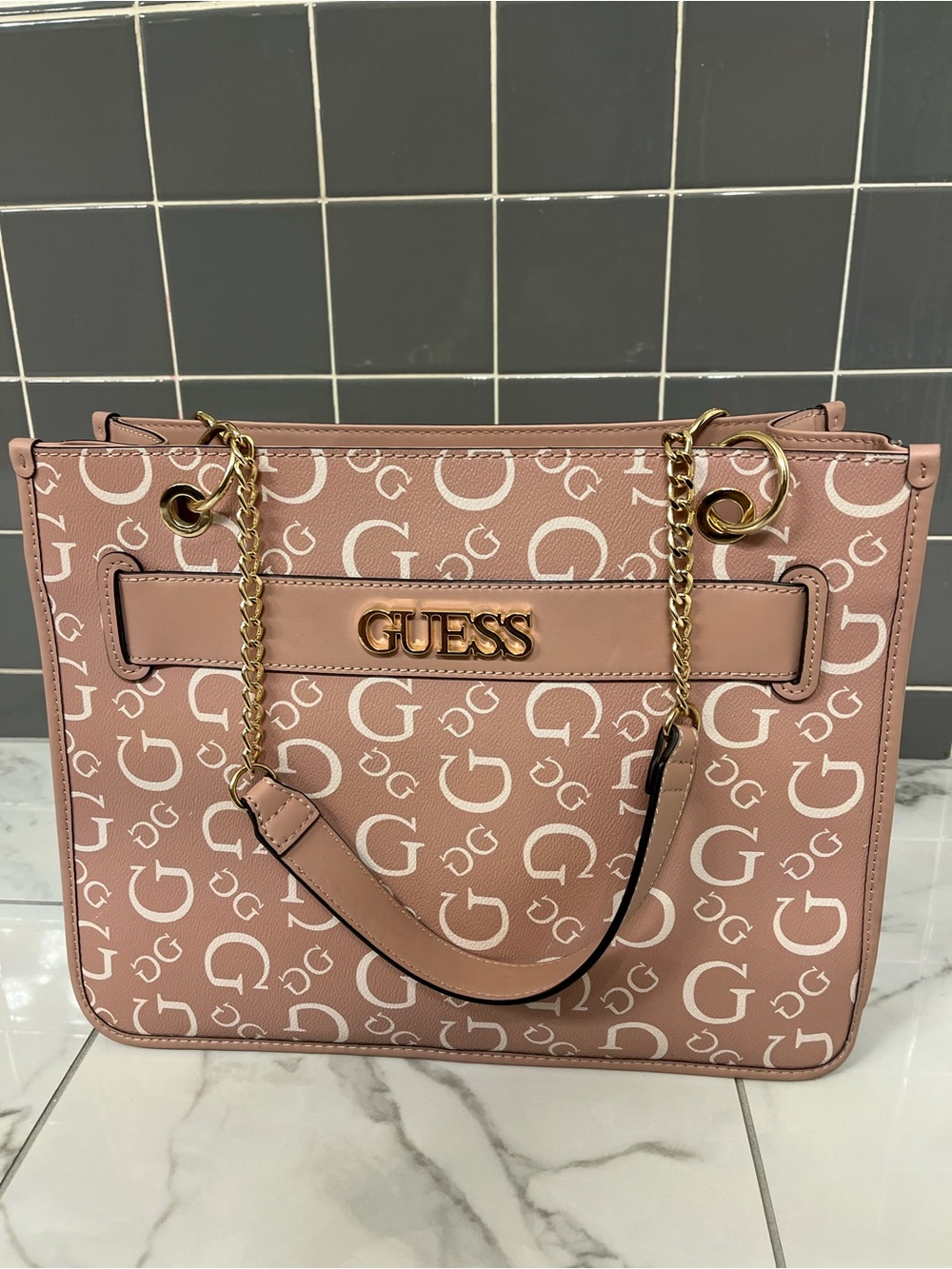 Guess Blush Pink Logo Print Chain-Handle Tote